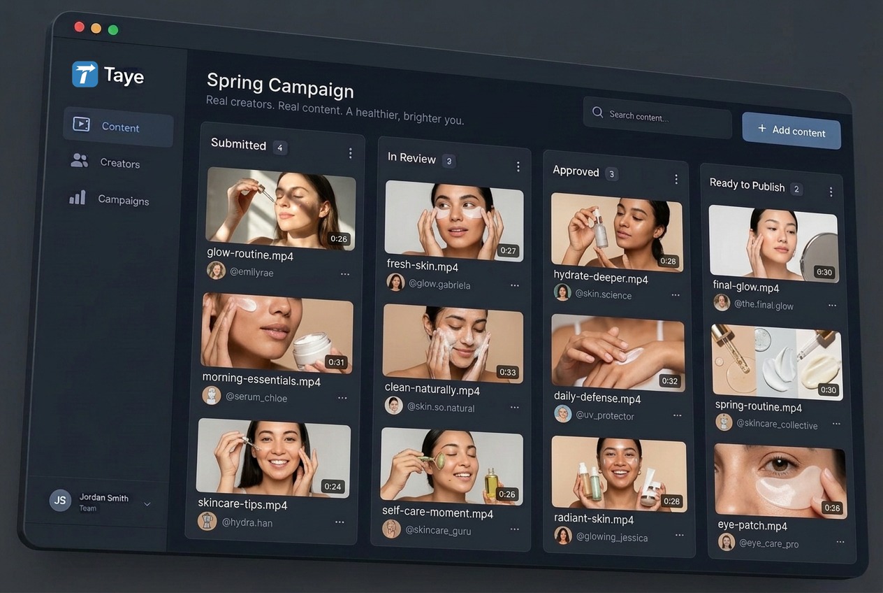 Taye workspace showing a Spring Campaign board with creator skincare videos in review stages